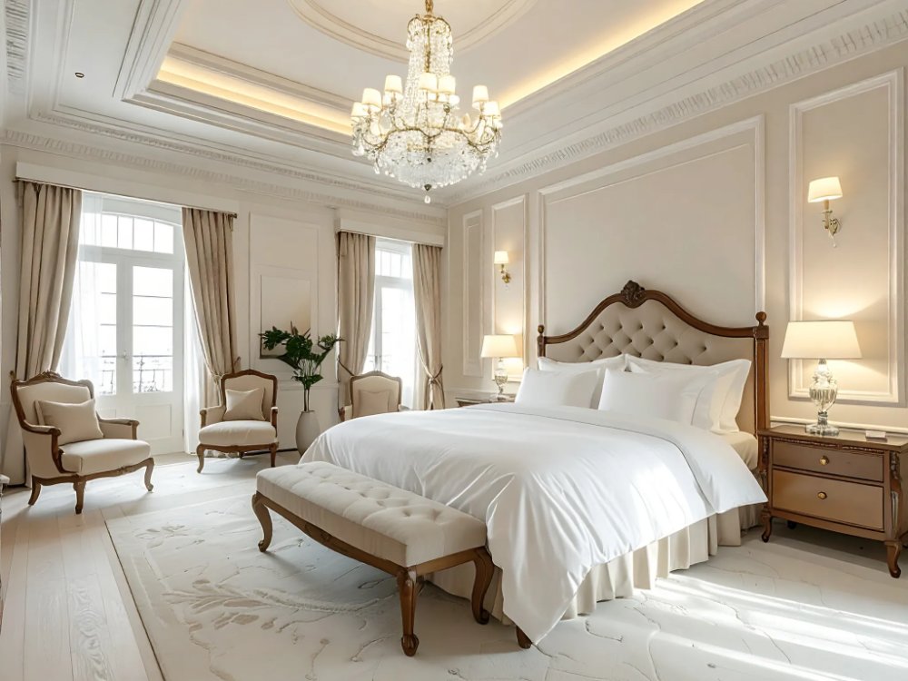Elegancki pokój z żyrandolem w zabytkowym hotelu w Saragossie. Zdjęcie wygenerowane przez AI.