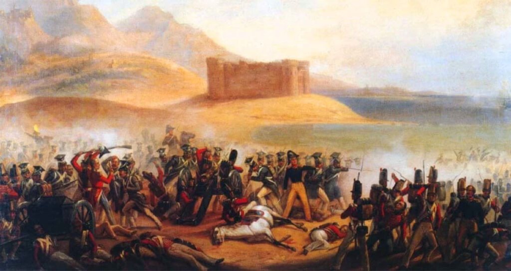 Obraz "Bitwa pod Fuengirolą" (January Suchodolski). W tle widoczny Zamek Sohail