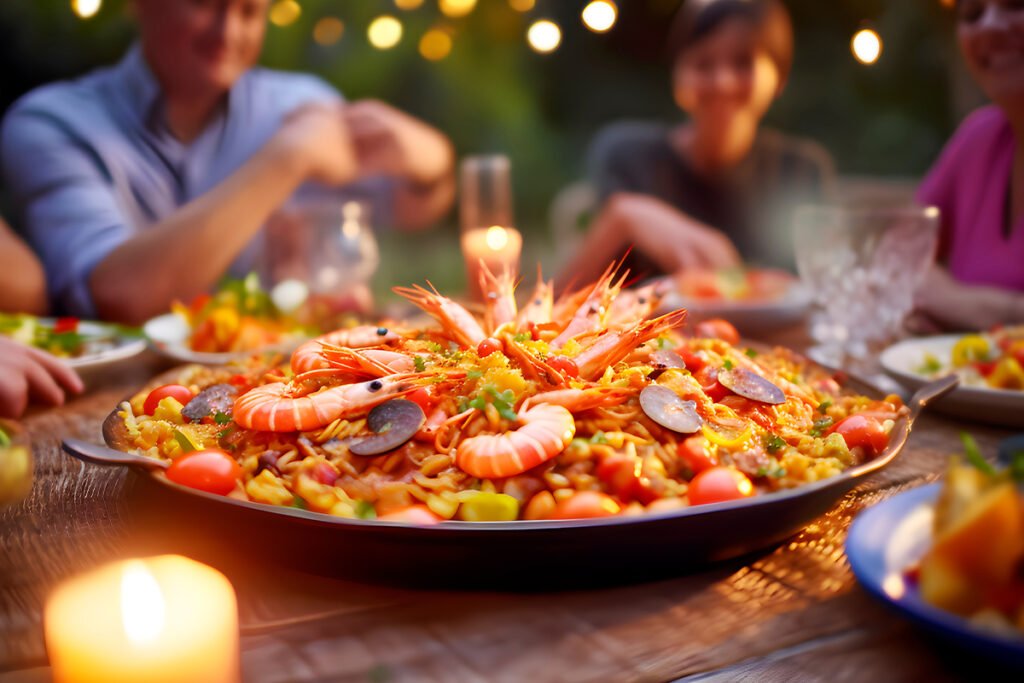 Tradycyjna hiszpańska paella często podawana jest na stole bezpośrednio w paellerze