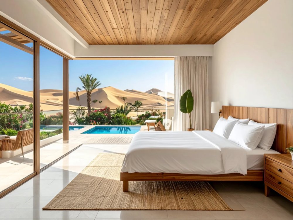 Pokój z widokiem na ogród i wydmy w hotelu w Maspalomas. Zdjęcie wygenerowane przez AI.
