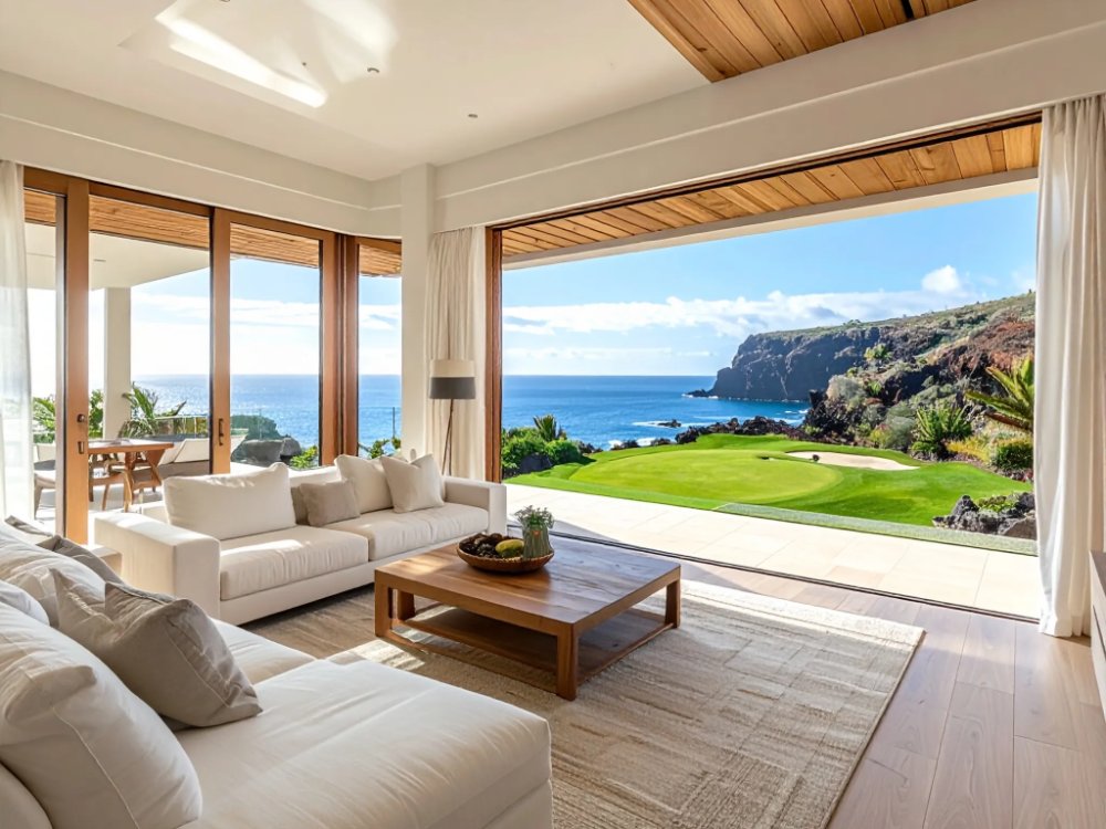 Salon apartamentu z widokiem na ocean w resorcie na Teneryfie. Zdjęcie wygenerowane przez AI.