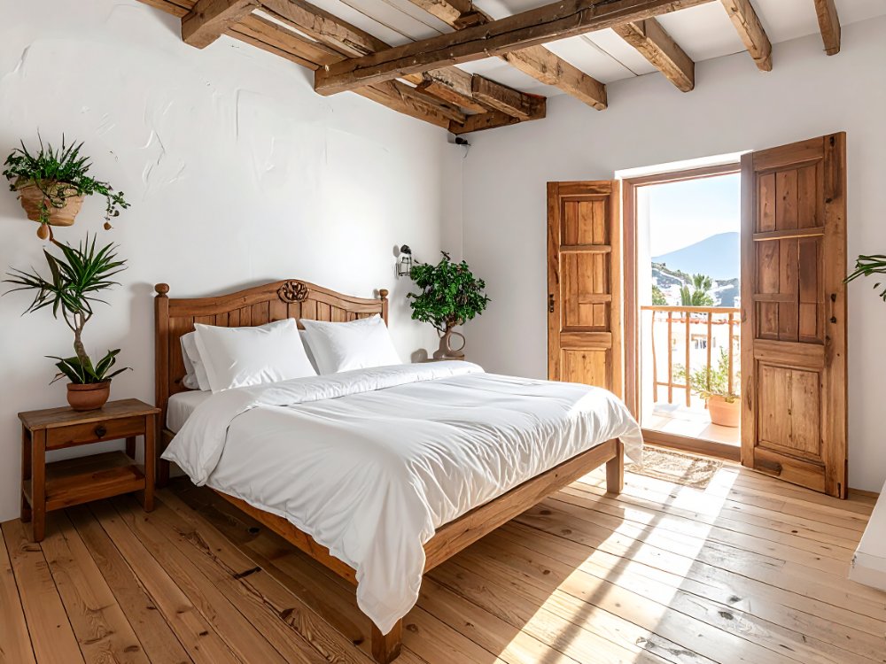 Prosty, jasny pokój w pensjonacie w San Sebastián de La Gomera. Zdjęcie wygenerowane przez AI.