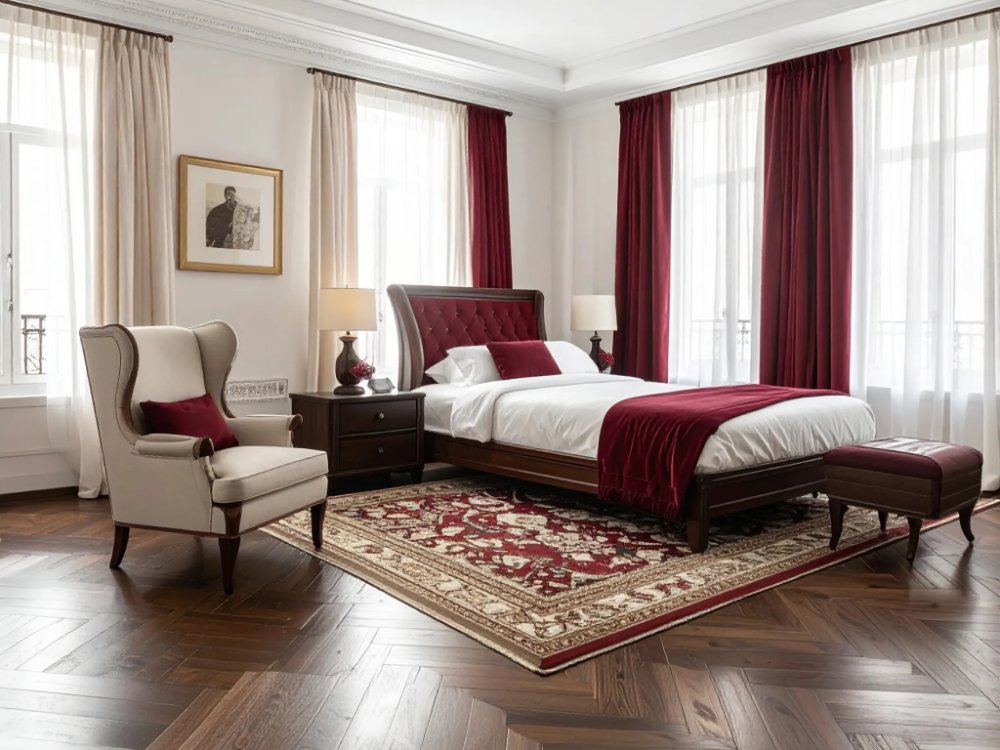 Klasyczny pokój hotelowy z parkietem w centrum Madrytu. Zdjęcie wygenerowane przez AI.