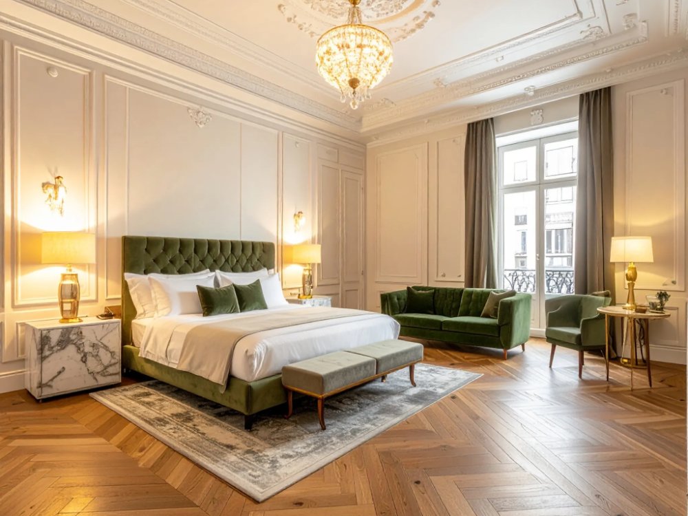 Luksusowy apartament ze sztukateriami w hotelu w Madrycie. Zdjęcie wygenerowane przez AI.