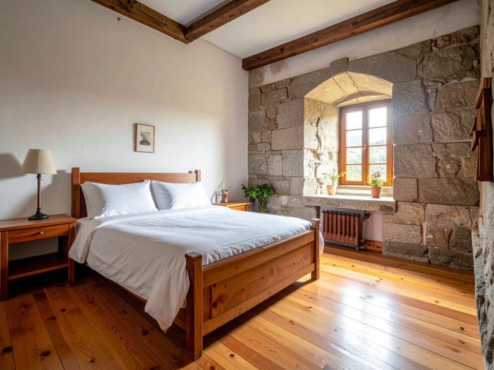 Skromny pokój w dawnym klasztorze w Santiago de Compostela. Zdjęcie wygenerowane przez AI.
