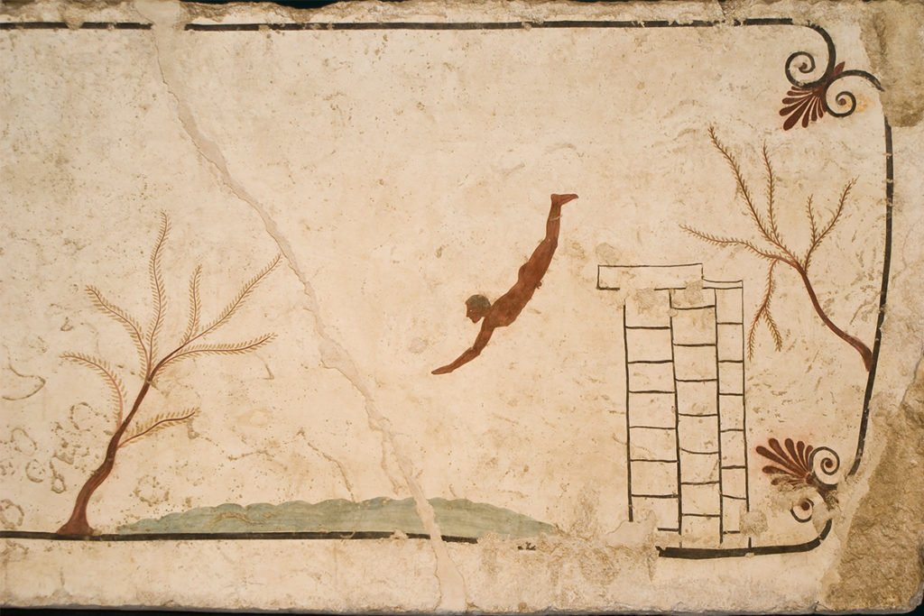 Jednym z najważniejszych zabytków Muzeum Archeologicznego Paestum jest malowidło grobowe datowane na V wiek p.n.e 