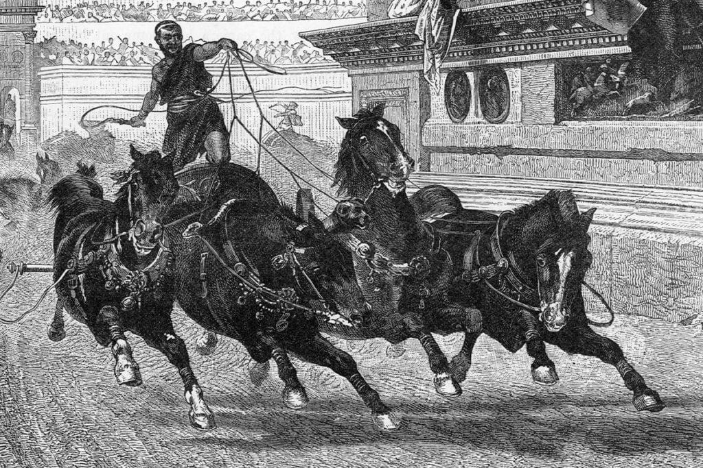 Un grabado que muestra las mortíferas (y muy peligrosas) carreras de caballos que se celebraban en el Circo Máximo de Roma.
