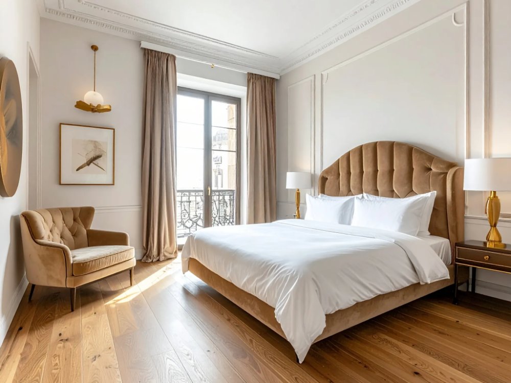 Luksusowy pokój w modernistycznym hotelu butikowym w Barcelonie. Zdjęcie wygenerowane przez AI.