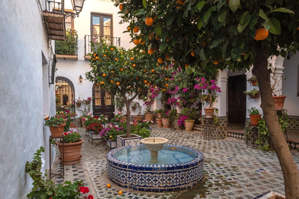 Andaluzyjskie patio z fontanną w hotelu w Sewilli. Zdjęcie wygenerowane przez AI.