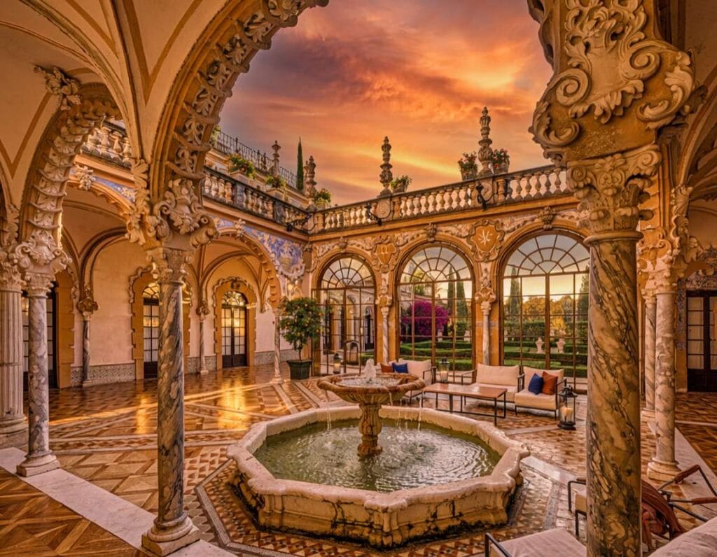 CoolRooms Palacio de Villapanés zapewnia luksusowy nocleg w Sewilli. Zdjęcie wygenerowane przez AI.