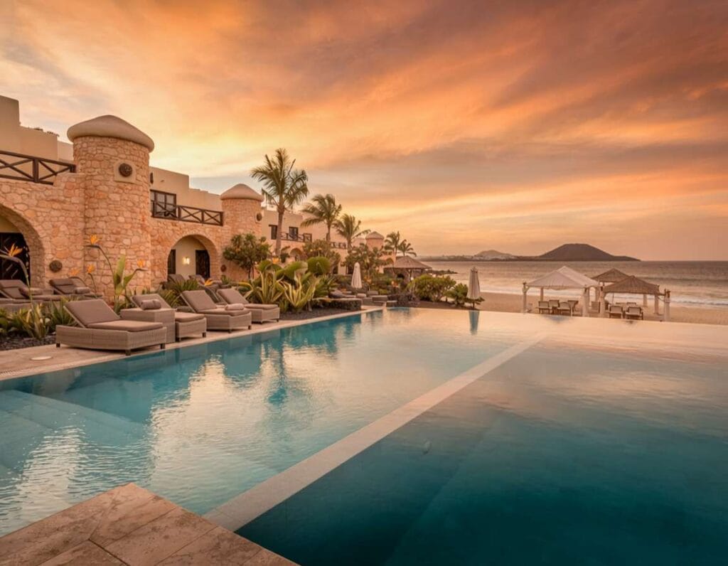 Secrets Bahía Real Resort & Spa to luksusowy hotel przy plaży. Zdjęcie wygenerowane przez AI.
