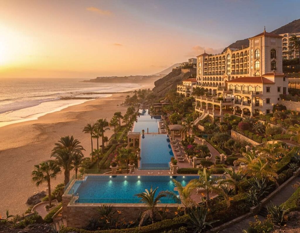Iberostar Selection Fuerteventura Palace oferuje luksusowy nocleg przy plaży. Zdjęcie wygenerowane przez AI.