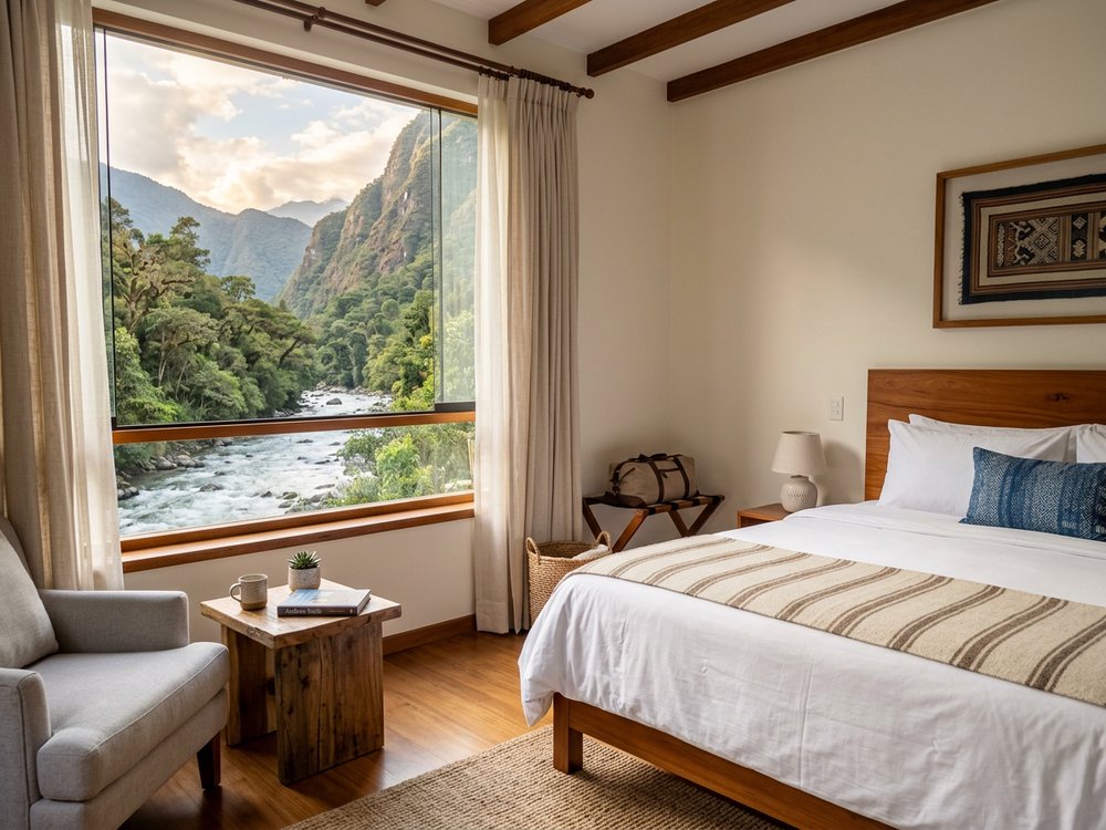 Ilustracja pokoju hotelowego - hotel w Aguas Calientes. Zdjęcie wygenerowane przez AI.