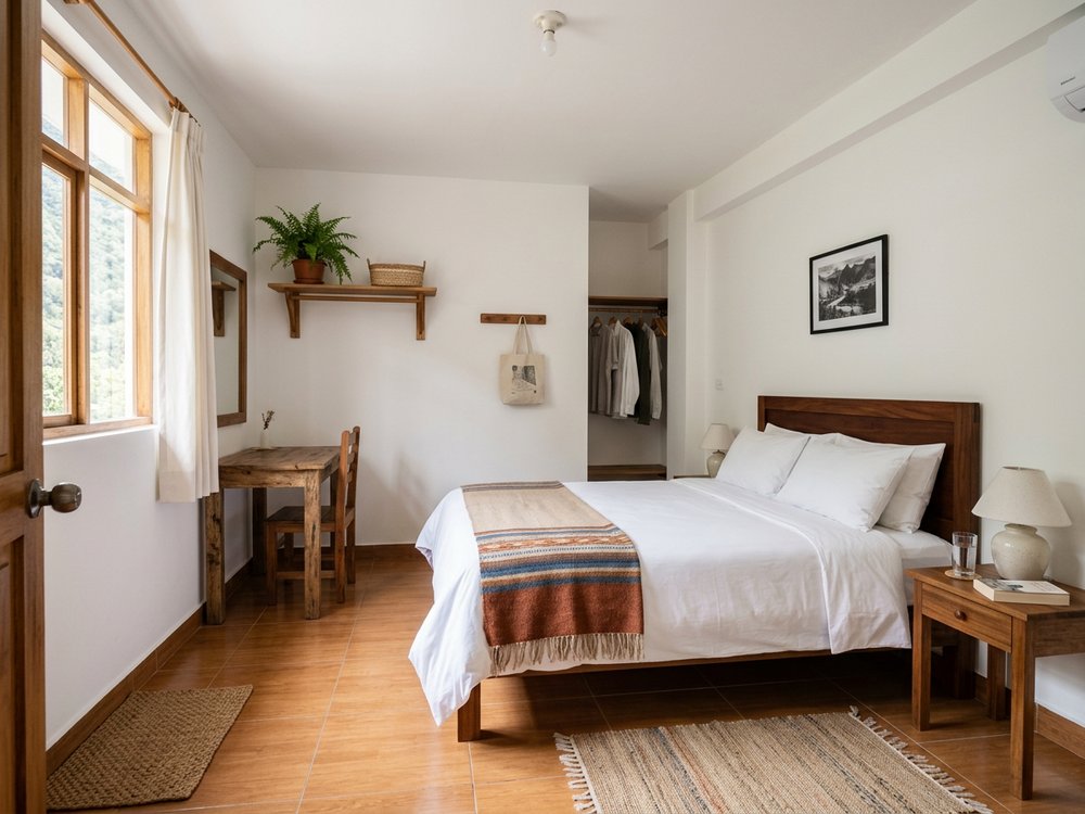 Ilustracja pokoju hotelowego - niedrogi hotel w Aguas Calientes. Zdjęcie wygenerowane przez AI.