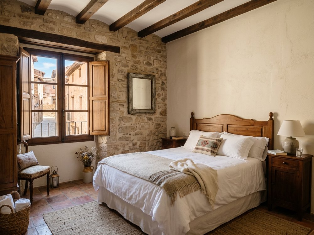 Ilustracja pokoju hotelowego - hotel z restauracją w Albarracín. Zdjęcie wygenerowane przez AI.