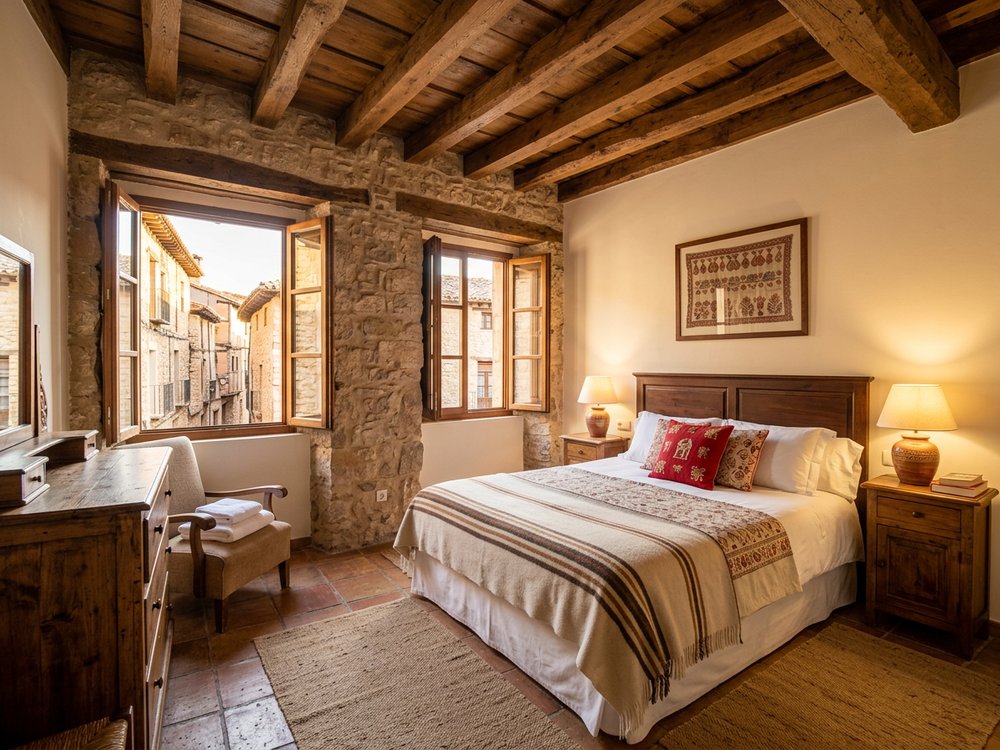 Ilustracja pokoju hotelowego - klimatyczny hotel w Albarracín. Zdjęcie wygenerowane przez AI.
