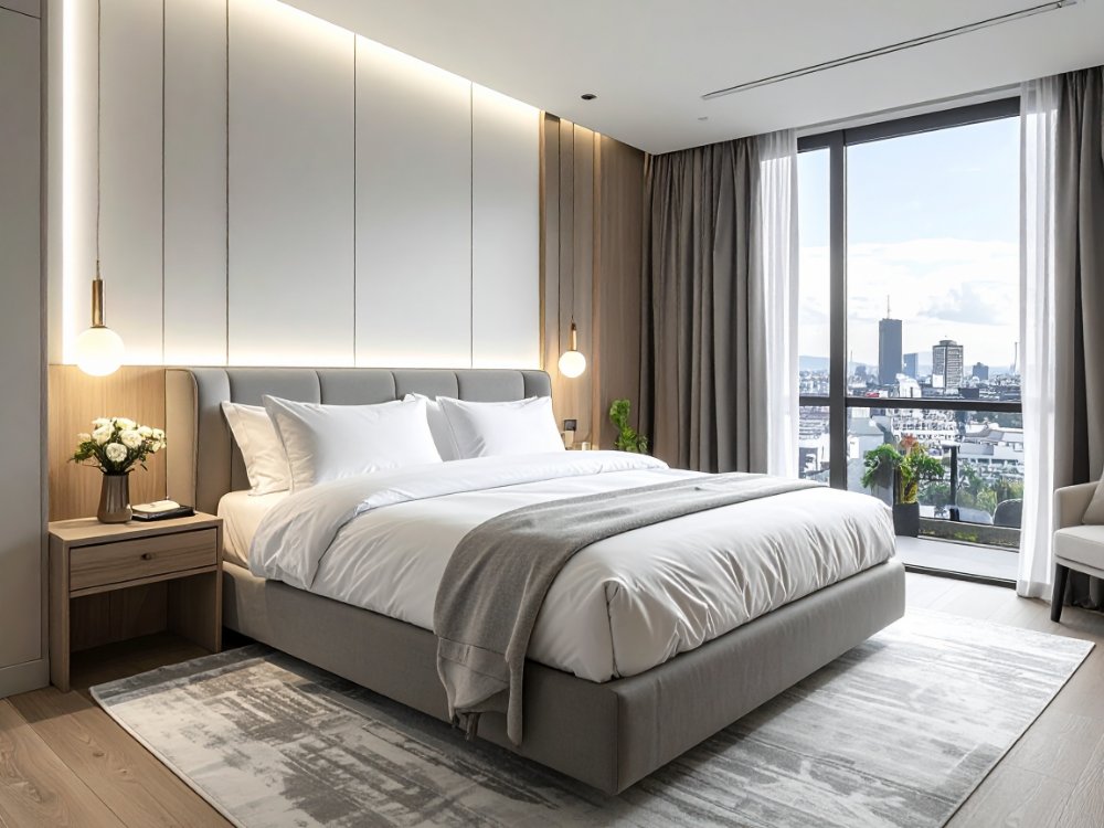 Nowoczesny pokój hotelowy w centrum Barcelony. Zdjęcie wygenerowane przez AI.