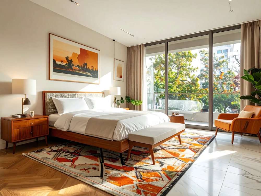 Pokój w modernistycznym hotelu z lat 50. w Barcelonie. Zdjęcie wygenerowane przez AI.
