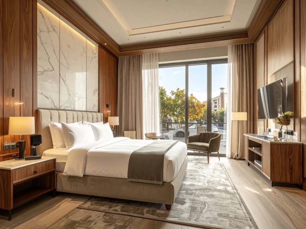 Elegancki pokój w pięciogwiazdkowym hotelu w dzielnicy Eixample. Zdjęcie wygenerowane przez AI.
