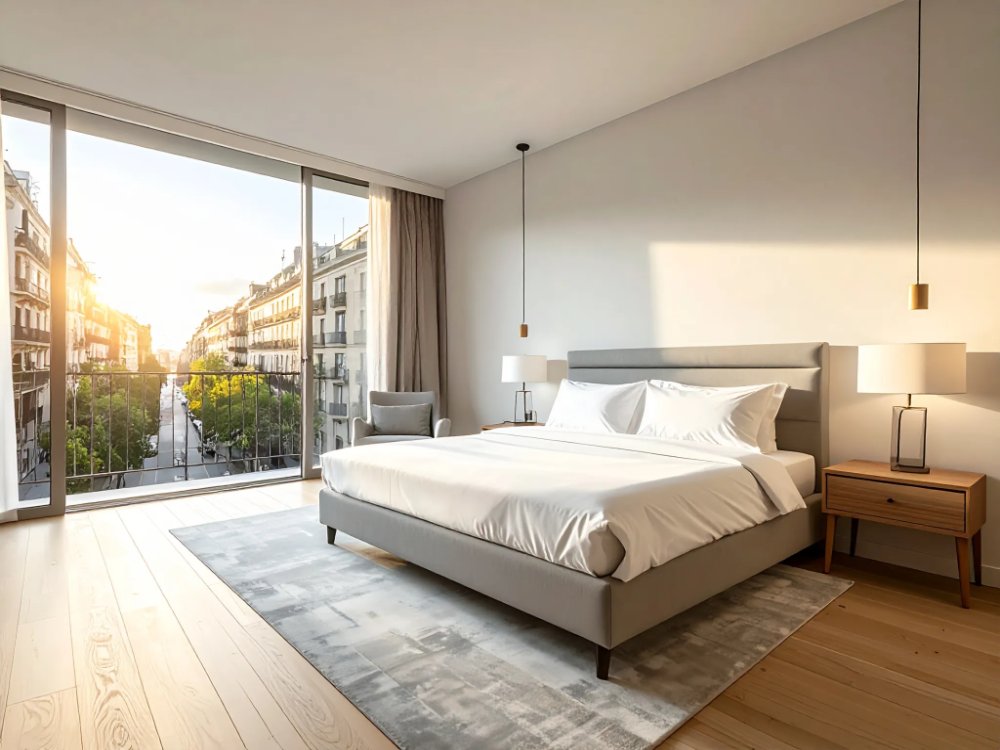 Nowoczesny pokój w Sercotel Hotel Rosellon w Barcelonie. Zdjęcie wygenerowane przez AI.