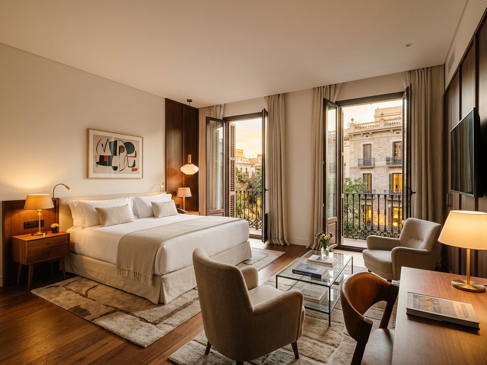 Ilustracja pokoju hotelowego - luksusowy hotel przy Avenida Tibidabo. Zdjęcie wygenerowane przez AI.