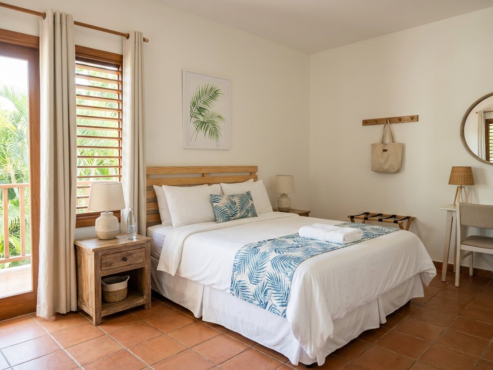 Ilustracja pokoju hotelowego - niedrogi hotel w Bayahibe. Zdjęcie wygenerowane przez AI.