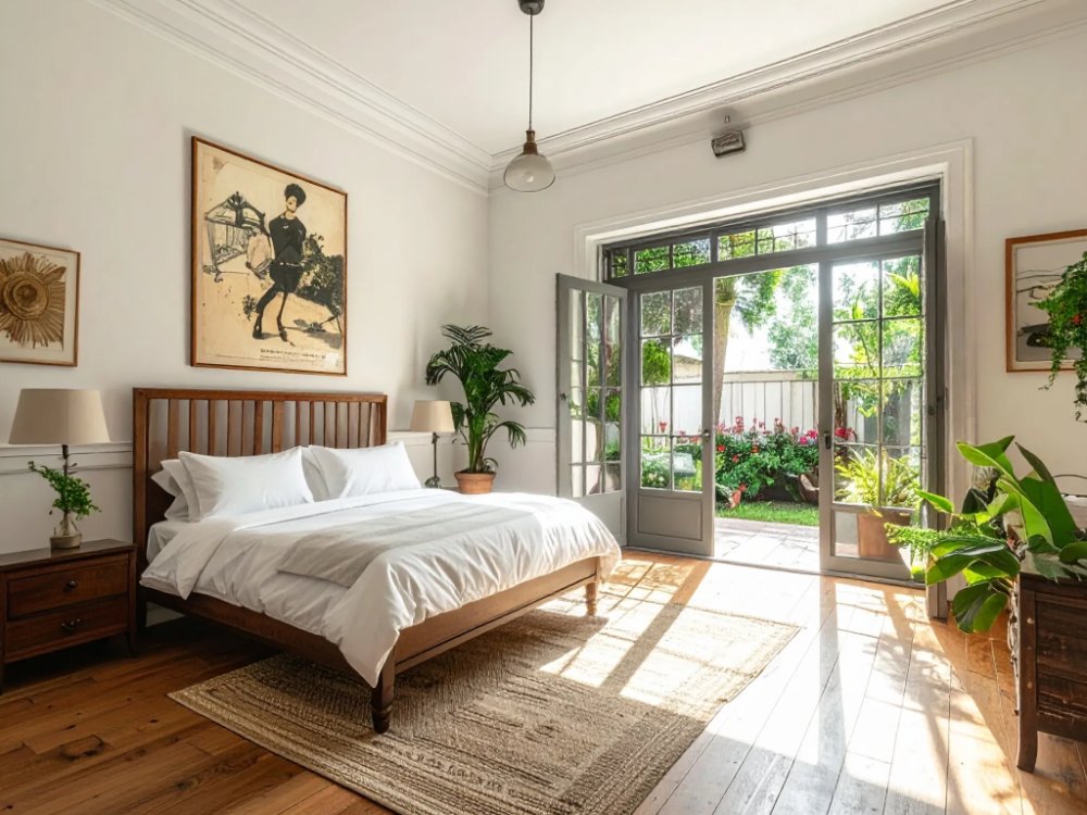 Pokój w pensjonacie z patio w San Telmo w Buenos Aires. Zdjęcie wygenerowane przez AI.