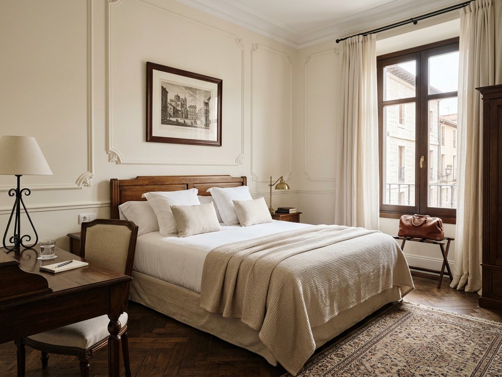 Ilustracja pokoju hotelowego - hotel w historycznym budynku. Zdjęcie wygenerowane przez AI.