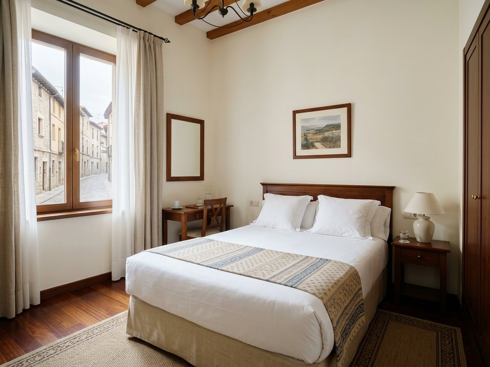 Ilustracja pokoju hotelowego - niedrogi hotel w centrum Burgos. Zdjęcie wygenerowane przez AI.