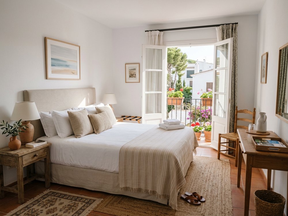 Ilustracja pokoju hotelowego - hotel z basenem w Calella. Zdjęcie wygenerowane przez AI.