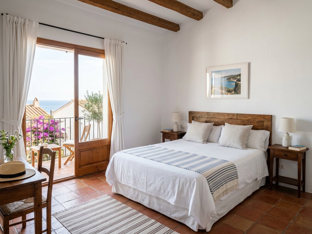 Ilustracja pokoju hotelowego - hotel w Calella de Palafrugell. Zdjęcie wygenerowane przez AI.