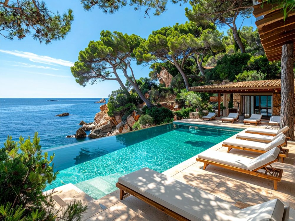 Taras z basenem nad zatoką w hotelu na Costa Brava. Zdjęcie wygenerowane przez AI.