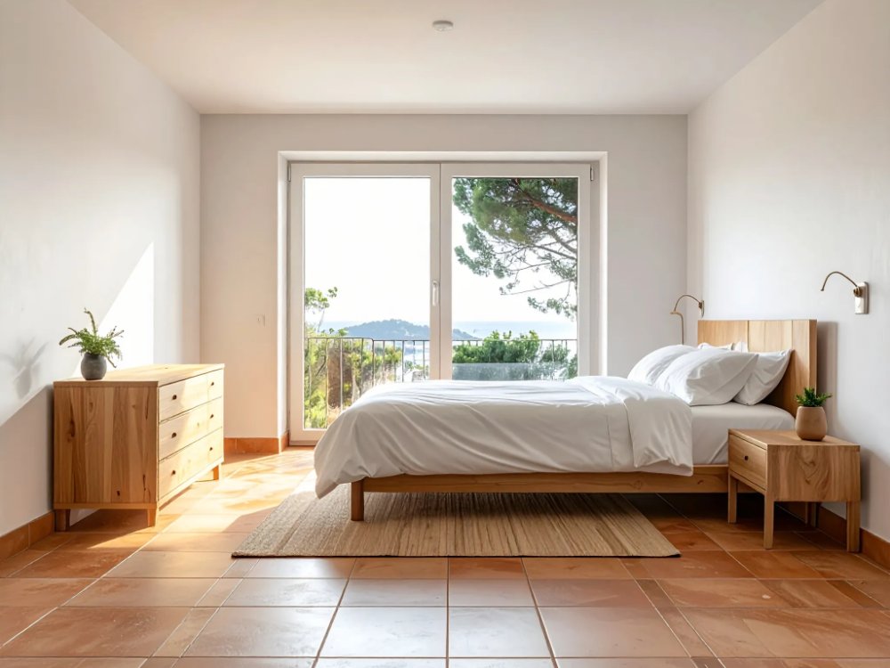 Skromny pokój w klasycznym hotelu na Costa Brava. Zdjęcie wygenerowane przez AI.
