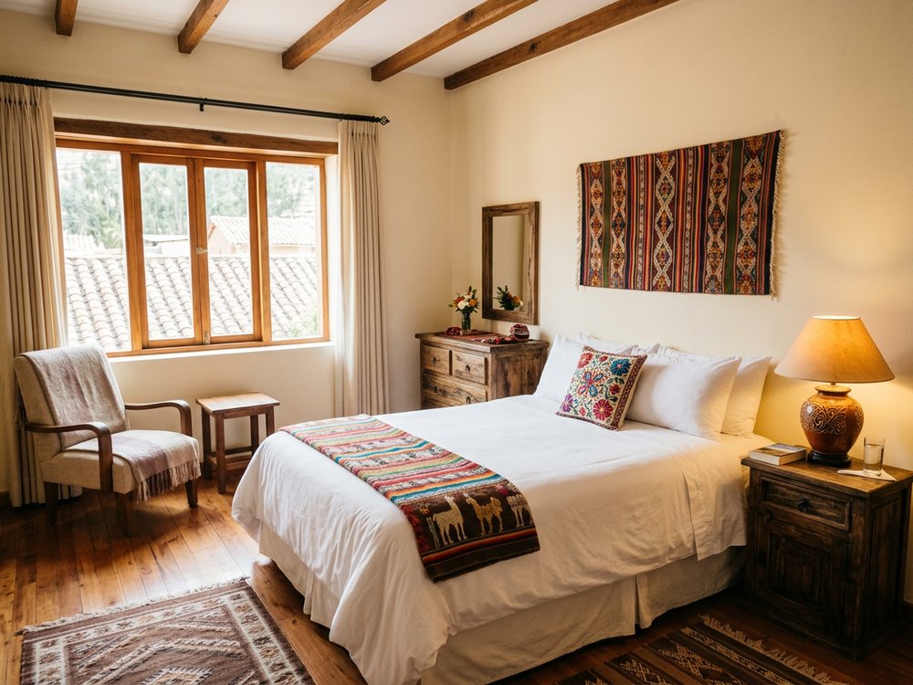 Ilustracja pokoju hotelowego - hotel w dzielnicy San Blas. Zdjęcie wygenerowane przez AI.