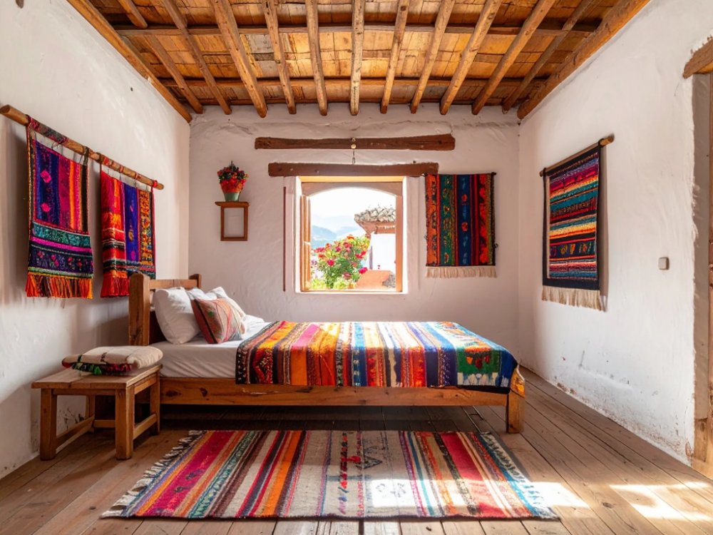 Przytulny pokój z andyjskimi tkaninami w hostelu w Cuzco. Zdjęcie wygenerowane przez AI.