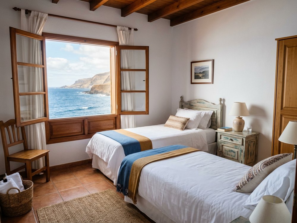 Ilustracja pokoju hotelowego - parador nad oceanem. Zdjęcie wygenerowane przez AI.