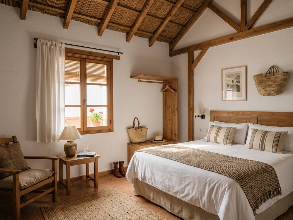 Ilustracja pokoju hotelowego - hotel na skraju Parku Doñana. Zdjęcie wygenerowane przez AI.