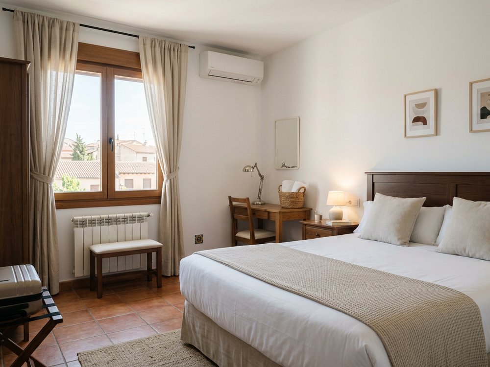 Ilustracja pokoju hotelowego - niedrogi hotel dla zmotoryzowanych. Zdjęcie wygenerowane przez AI.