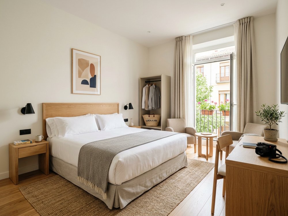 Ilustracja pokoju hotelowego - nowoczesny hotel sieci Marriott. Zdjęcie wygenerowane przez AI.