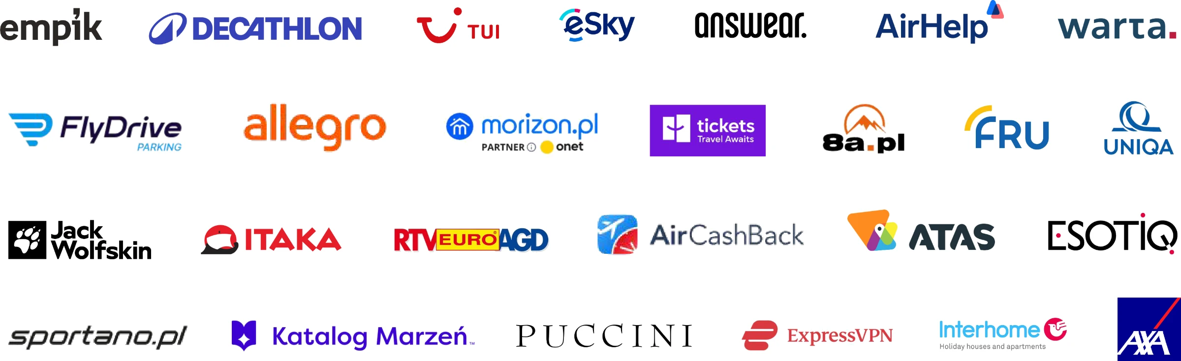 Logos of brands the Hispánico brand has published for: Empik, Decathlon, TUI, eSky, Allegro, Itaka, AXA and others