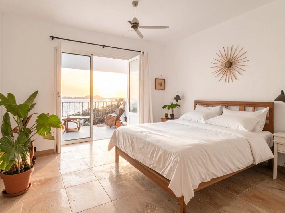 Pokój z tarasem w hostelu na Ibizie. Zdjęcie wygenerowane przez AI.
