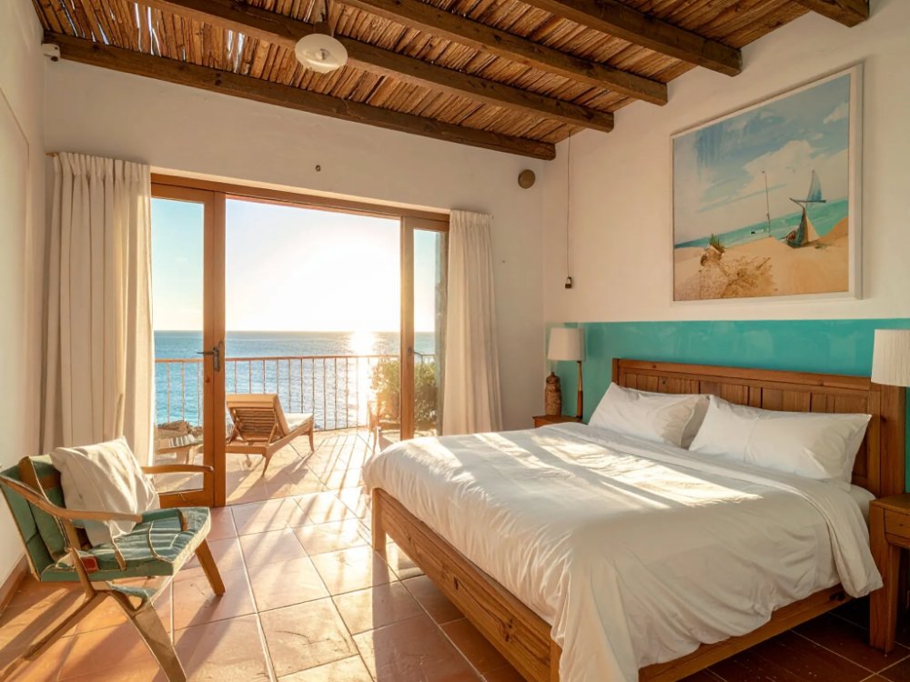 Pokój z tarasem i widokiem na morze w hotelu przy plaży Playa d'en Bossa. Zdjęcie wygenerowane przez AI.