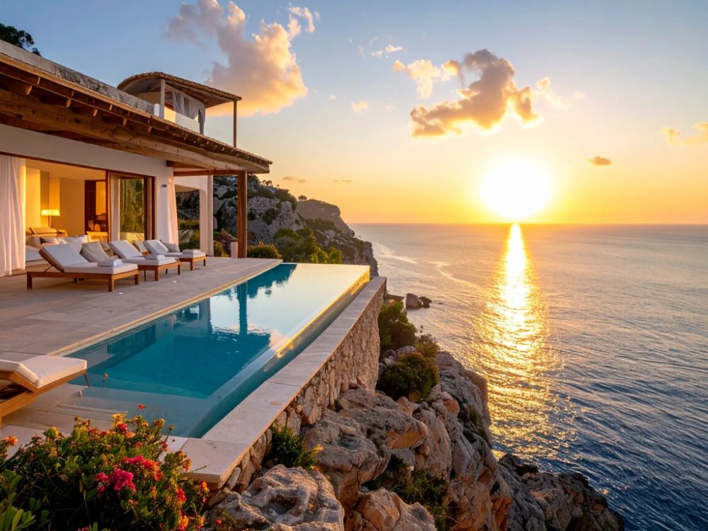 Basen bez krawędzi nad morzem w luksusowym resorcie na Ibizie. Zdjęcie wygenerowane przez AI.