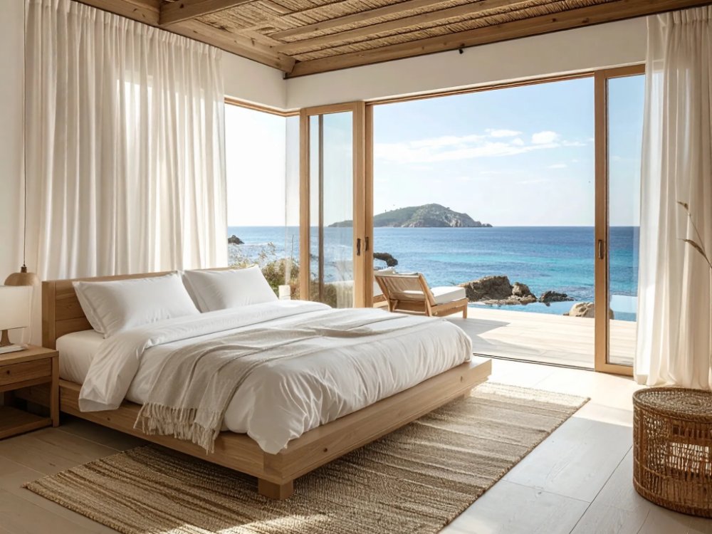 Luksusowy apartament z widokiem na zatokę Talamanca na Ibizie. Zdjęcie wygenerowane przez AI.