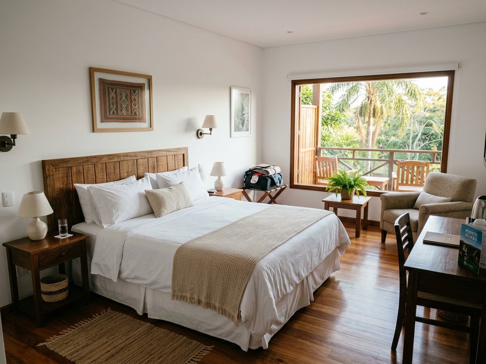 Ilustracja pokoju hotelowego - hotel w centrum Puerto Iguazú. Zdjęcie wygenerowane przez AI.