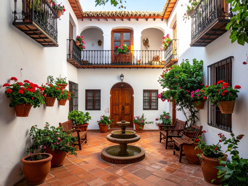 Andaluzyjskie patio w Hostal la Fuente w Kordobie. Zdjęcie wygenerowane przez AI.