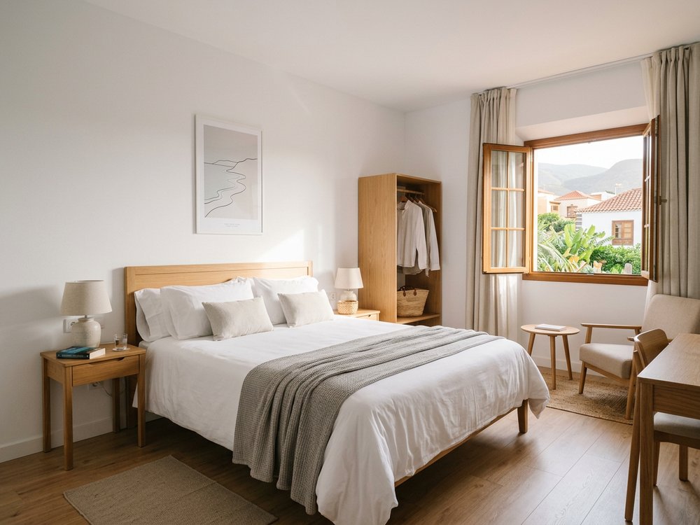 Ilustracja pokoju hotelowego - hotel w centrum miasta. Zdjęcie wygenerowane przez AI.