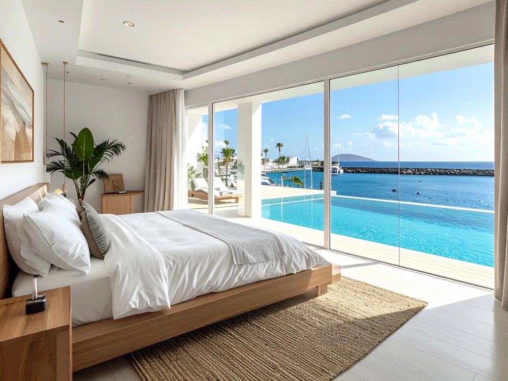 Pokój z widokiem na basen i ocean w hotelu na Lanzarote. Zdjęcie wygenerowane przez AI.