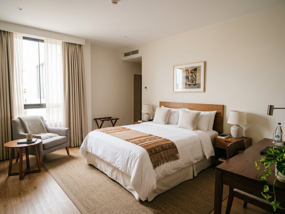 Ilustracja pokoju hotelowego - hotel w Miraflores. Zdjęcie wygenerowane przez AI.