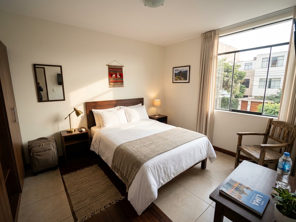Ilustracja pokoju hotelowego - niedrogi hotel w Miraflores. Zdjęcie wygenerowane przez AI.